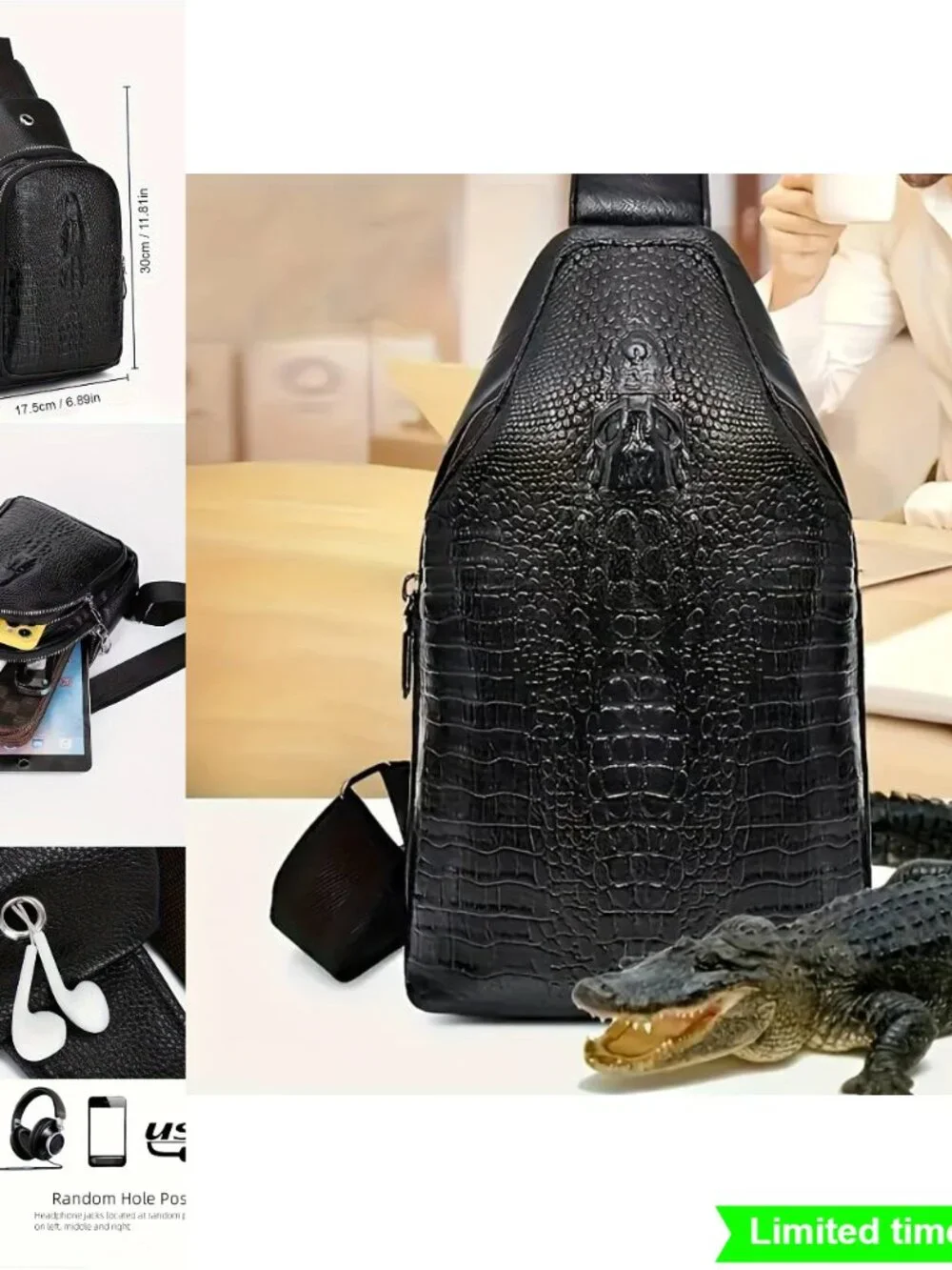 Crocodile Pattern Chest Bag with Earphone Hole Casual Shoulder Messenger Bag